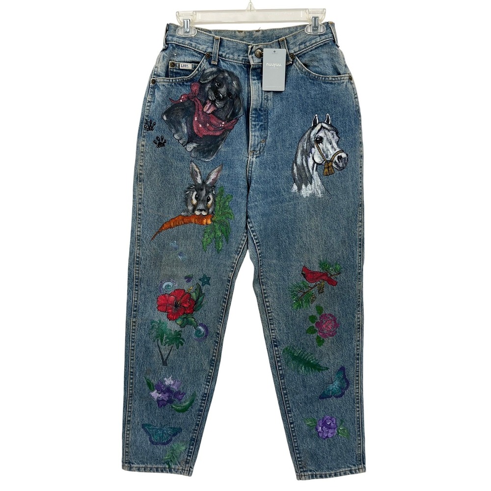 VTG USA‎ Lee High Waisted Mom Jeans Hand Painted Animals Flowers Birds Art 26x27